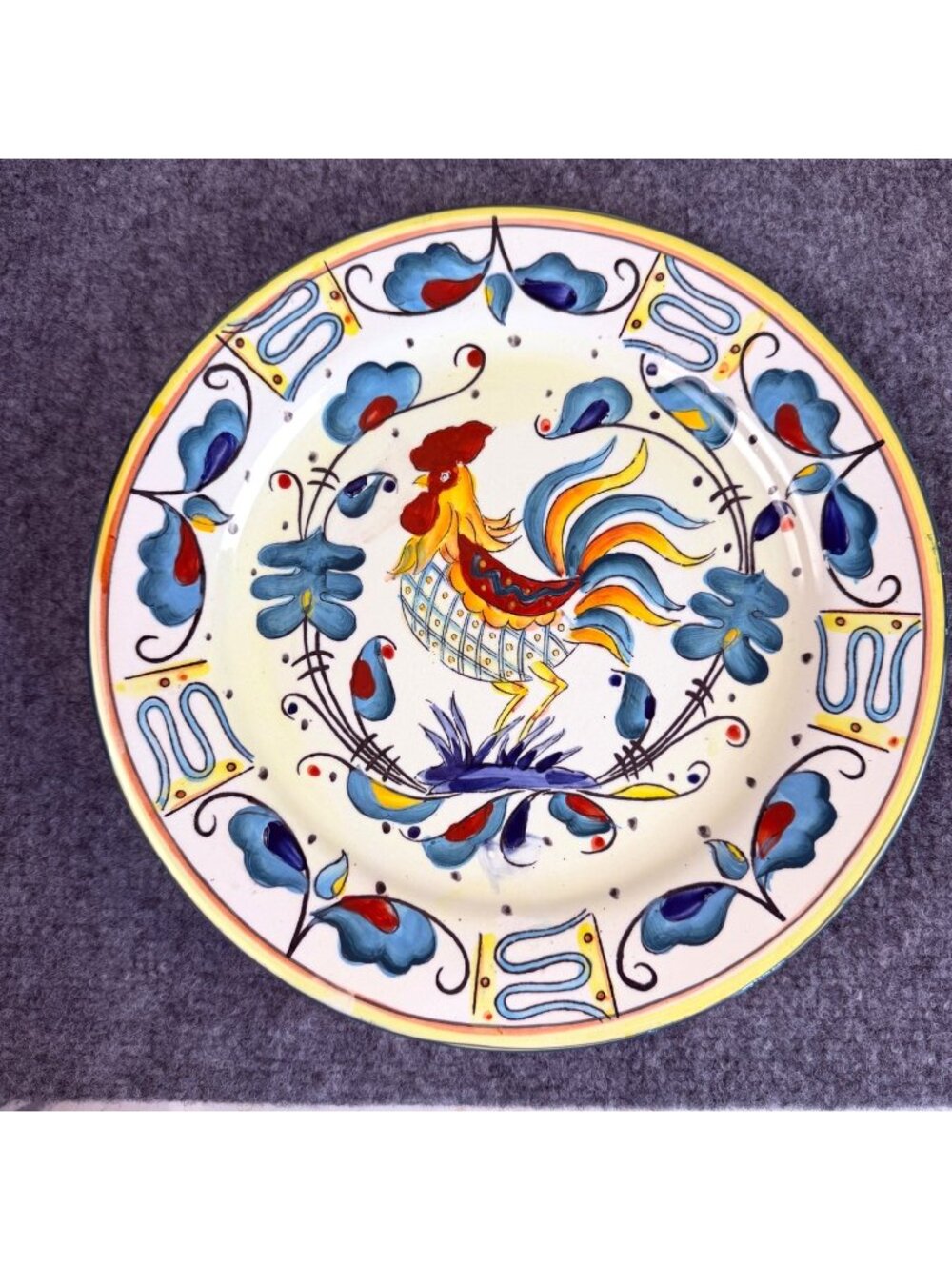 Vintage Hand Painted Ceramic Rooster Plate - Italian Majolica Style Folk Art